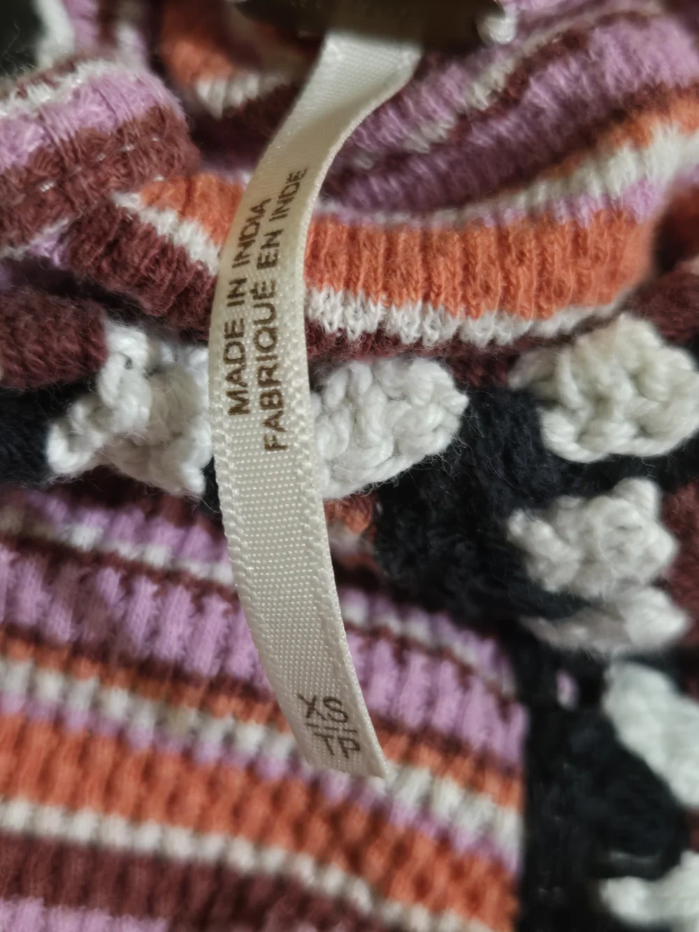 Free People XS Striped Crochet Trim Sweater Top Pink Orange Boho Long Sleeve
